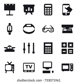 16 vector icon set : billboard, presentation, calculator, touch, smartwatch, smart bracelet, smart glasses, market scales, scales, equalizer, tv