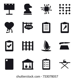 16 vector icon set : billboard, chess horse, chip, cardio chip, store signboard, windsurfing, cutting board, utility room, clipboard list, iron board