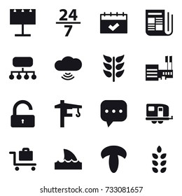 16 vector icon set : billboard, 24/7, calendar, newspaper, structure, cloud wireless, mall, unlock, tower crane, trailer, baggage trolley, shark flipper, spikelets