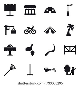 16 vector icon set : billboard, market, dome house, outdoor light, bike, tent, palm, restaurant, golf, sickle, farm fence, rake, blower, garden cleaning