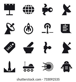 16 vector icon set : billboard, globe, satellite, satellite antenna, rocket, laser, shopping list, sale label