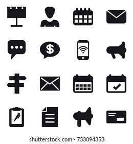 16 vector icon set : billboard, woman, calendar, mail, message, money message, phone wireless, megafon, singlepost, loudspeaker