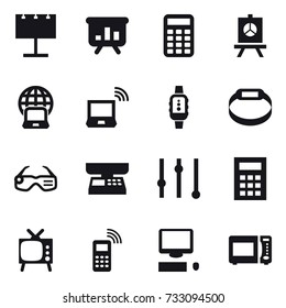 16 vector icon set : billboard, presentation, calculator, notebook globe, notebook wireless, smartwatch, smart bracelet, smart glasses, market scales, equalizer, tv