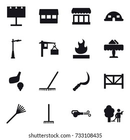 16 vector icon set : billboard, market, dome house, outdoor light, restaurant, golf, rake, sickle, farm fence, blower, garden cleaning