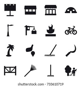 16 vector icon set : billboard, market, dome house, outdoor light, bike, palm, golf, rake, sickle, farm fence, garden cleaning