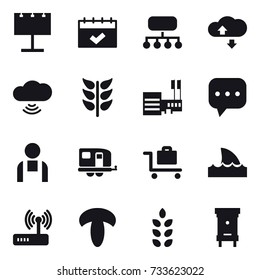 16 vector icon set : billboard, calendar, structure, cloude service, cloud wireless, mall, trailer, baggage trolley, shark flipper, spikelets, hive