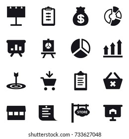 16 vector icon set : billboard, clipboard, money bag, circle diagram, presentation, diagram, graph up, target, add to cart, delete cart, market, shopping list, store signboard