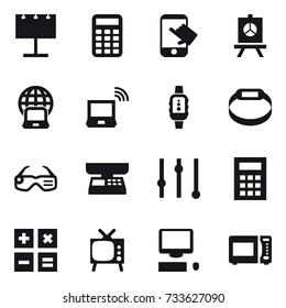 16 vector icon set : billboard, calculator, touch, presentation, notebook globe, notebook wireless, smartwatch, smart bracelet, smart glasses, market scales, equalizer, tv