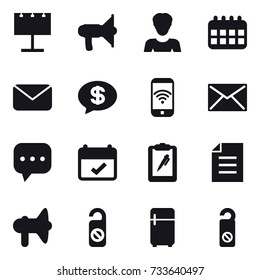 16 vector icon set : billboard, loudspeaker, woman, calendar, mail, money message, phone wireless, do not distrub, fridge