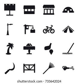 16 vector icon set : billboard, market, dome house, outdoor light, bike, tent, palm, restaurant, golf, rake, sickle, farm fence, blower