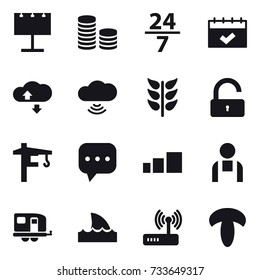 16 vector icon set : billboard, coin stack, 24/7, calendar, cloude service, cloud wireless, unlock, tower crane, trailer, shark flipper