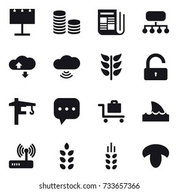 16 vector icon set : billboard, coin stack, newspaper, structure, cloude service, cloud wireless, unlock, tower crane, baggage trolley, shark flipper, spikelets, mushroom