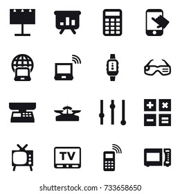 16 vector icon set : billboard, presentation, calculator, touch, notebook globe, notebook wireless, smartwatch, smart glasses, market scales, scales, equalizer, tv