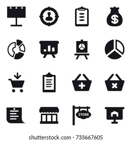16 vector icon set : billboard, target audience, clipboard, money bag, circle diagram, presentation, diagram, add to cart, add to basket, delete cart, shopping list, market, store signboard