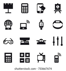 16 vector icon set : billboard, calculator, touch, presentation, notebook globe, notebook wireless, smartwatch, smart bracelet, smart glasses, market scales, scales, equalizer, tv