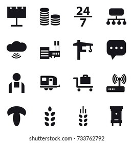 16 vector icon set : billboard, coin stack, 24/7, structure, cloud wireless, mall, tower crane, trailer, baggage trolley, spikelets, hive