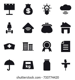 16 vector icon set : billboard, money bag, bulb, cloud wireless, hoverboard, wireless home, purse, home, district, medal, scarecrow