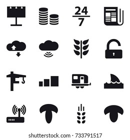 16 vector icon set : billboard, coin stack, 24/7, newspaper, cloude service, cloud wireless, unlock, tower crane, trailer, shark flipper, spikelets, mushroom