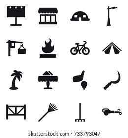 16 vector icon set : billboard, market, dome house, outdoor light, bike, tent, palm, restaurant, golf, sickle, farm fence, rake, blower