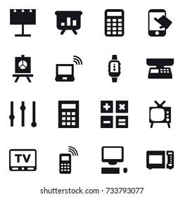 16 vector icon set : billboard, presentation, calculator, touch, notebook wireless, smartwatch, market scales, equalizer, tv