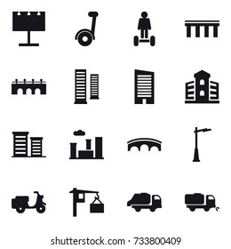 16 vector icon set : billboard, segway, hoverboard, bridge, skyscrapers, skyscraper, building, district, city, outdoor light, trash truck, sweeper