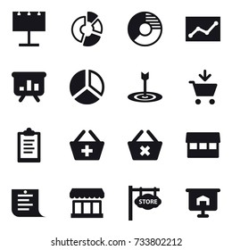 16 vector icon set : billboard, circle diagram, statistic, presentation, diagram, target, add to cart, clipboard, add to basket, delete cart, market, shopping list, store signboard
