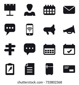 16 vector icon set : billboard, woman, calendar, mail, message, phone wireless, megafon, loudspeaker, singlepost, fridge