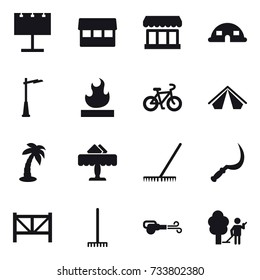 16 vector icon set : billboard, market, dome house, outdoor light, bike, tent, palm, restaurant, rake, sickle, farm fence, blower, garden cleaning