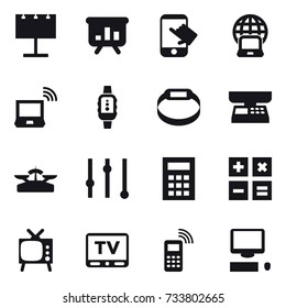 16 vector icon set : billboard, presentation, touch, notebook globe, notebook wireless, smartwatch, smart bracelet, market scales, scales, equalizer, calculator, tv