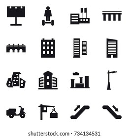 16 vector icon set : billboard, hoverboard, store, bridge, building, skyscrapers, skyscraper, modern architecture, city, outdoor light, escalator