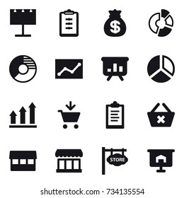 16 vector icon set : billboard, clipboard, money bag, circle diagram, statistic, presentation, diagram, graph up, add to cart, delete cart, market, store signboard 16 vector icon set : billboard, clipboard, money bag, circle diagram, statistic, presentation, diagram, graph up, add to cart, delete cart, market, store signboard