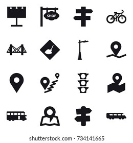 16 vector icon set : billboard, shop signboard, singlepost, bike, bridge, under construction, outdoor light, bus, map, signpost