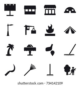 16 vector icon set : billboard, market, dome house, outdoor light, tent, palm, restaurant, golf, rake, sickle, garden cleaning