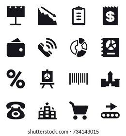 16 vector icon set : billboard, crisis, clipboard, receipt, wallet, call, circle diagram, annual report, percent, presentation, barcode, castle, hotel, cart