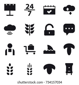 16 vector icon set : billboard, 24/7, calendar, cloude service, cloud wireless, unlock, baggage trolley, shark flipper, spikelets, mushroom, hive