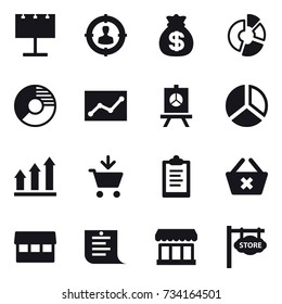 16 vector icon set : billboard, target audience, money bag, circle diagram, statistic, presentation, diagram, graph up, add to cart, clipboard, delete cart, market, shopping list, store signboard