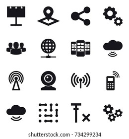 16 vector icon set : billboard, pointer, share, gear, group, globe connect, server, cloud wireless, antenna, web cam, wireless, gears