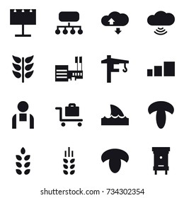 16 vector icon set : billboard, structure, cloude service, cloud wireless, mall, tower crane, baggage trolley, shark flipper, spikelets, mushroom, hive
