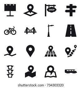 16 vector icon set : billboard, pointer, shop signboard, singlepost, bike, bridge, outdoor light, map