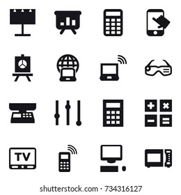 16 vector icon set : billboard, presentation, calculator, touch, notebook globe, notebook wireless, smart glasses, market scales, equalizer, tv