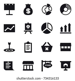 16 vector icon set : billboard, money bag, circle diagram, statistic, presentation, diagram, graph up, target, clipboard, delete cart, market, shopping list, store signboard