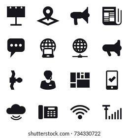 16 vector icon set : billboard, pointer, loudspeaker, newspaper, message, notebook globe, globe connect, megafon, mobile checking