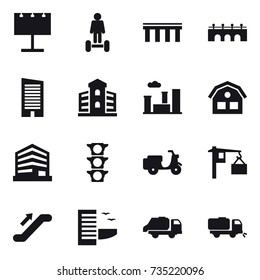 16 vector icon set : billboard, hoverboard, bridge, skyscraper, building, city, house, escalator, hotel, trash truck, sweeper