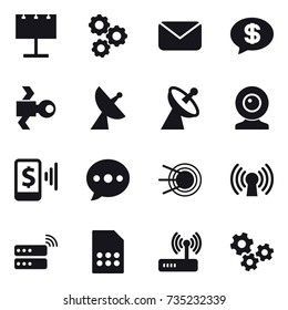 16 vector icon set : billboard, gear, mail, money message, satellite, satellite antenna, web cam, mobile pay, ballon, gears