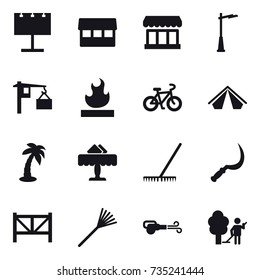 16 vector icon set : billboard, market, outdoor light, bike, tent, palm, restaurant, rake, sickle, farm fence, blower, garden cleaning