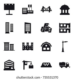 16 vector icon set : billboard, store, bridge, goverment house, skyscrapers, skyscraper, modern architecture, modular house, district, palace, house, outdoor light, taxi, sweeper