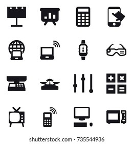 16 vector icon set : billboard, presentation, calculator, touch, notebook globe, notebook wireless, smartwatch, smart glasses, market scales, scales, equalizer, tv