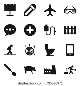 16 vector icon set : billboard, pencil, plane, smart glasses, ballon, fence, tourist, disco ball, toilet, big spoon, pig, factory, vacuum cleaner
