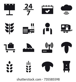 16 vector icon set : billboard, 24/7, calendar, cloud wireless, mall, trailer, baggage trolley, shark flipper, spikelets, mushroom, hive