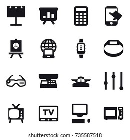 16 vector icon set : billboard, presentation, calculator, touch, notebook globe, smartwatch, smart bracelet, smart glasses, market scales, scales, equalizer, tv